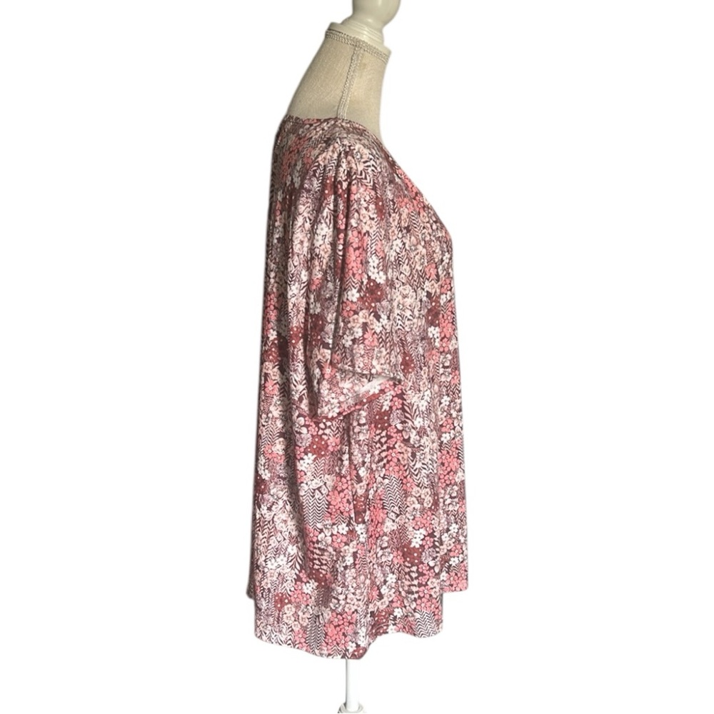 Women Floral Pink & Brown Floral Print Scoop V-Neck Short Sleeve V-neck Top 4XL - Picture 5 of 9